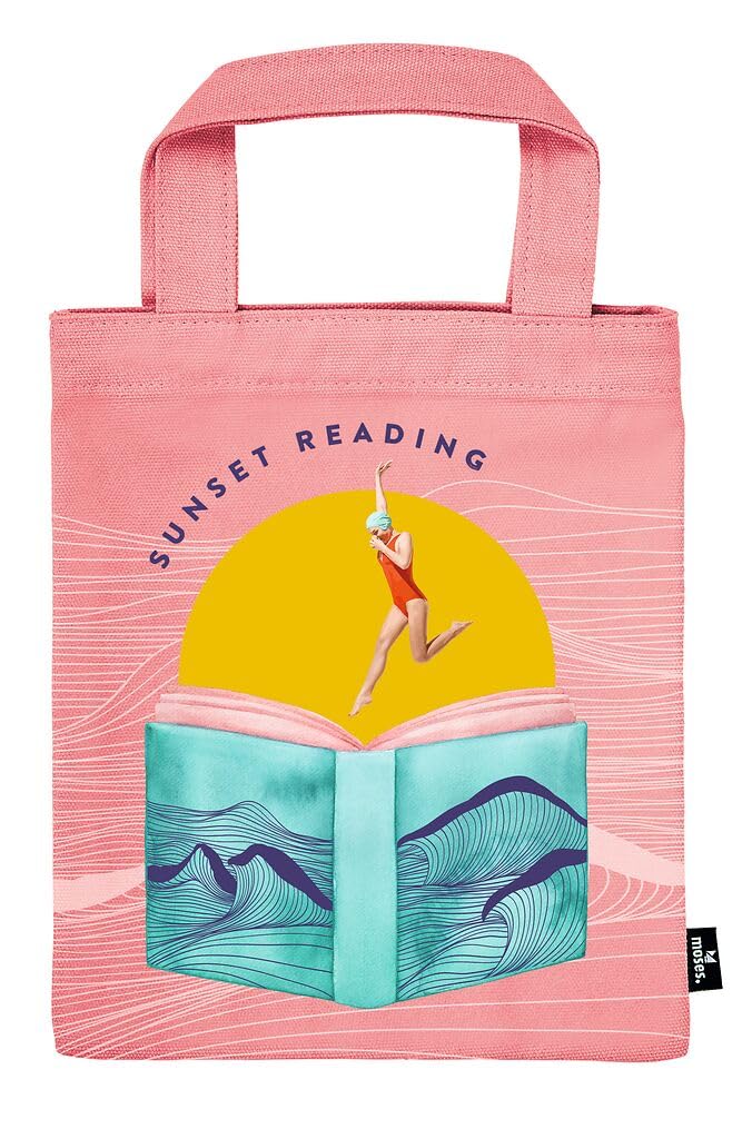 moses. libri_x Sunset Reading Book Bag - Fabric Book Bag Gift Packaging 100% Cotton Reusable Eco Friendly Book Cover in Rose with Summer Book Motif