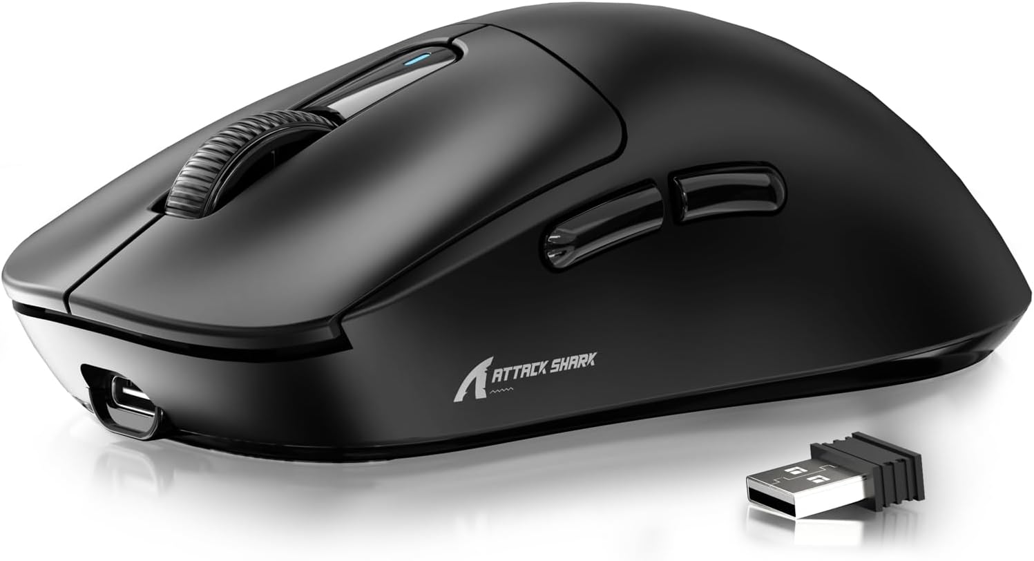 ATTACK SHARK X3 Wireless Gaming Mouse in black with its USB dongle.