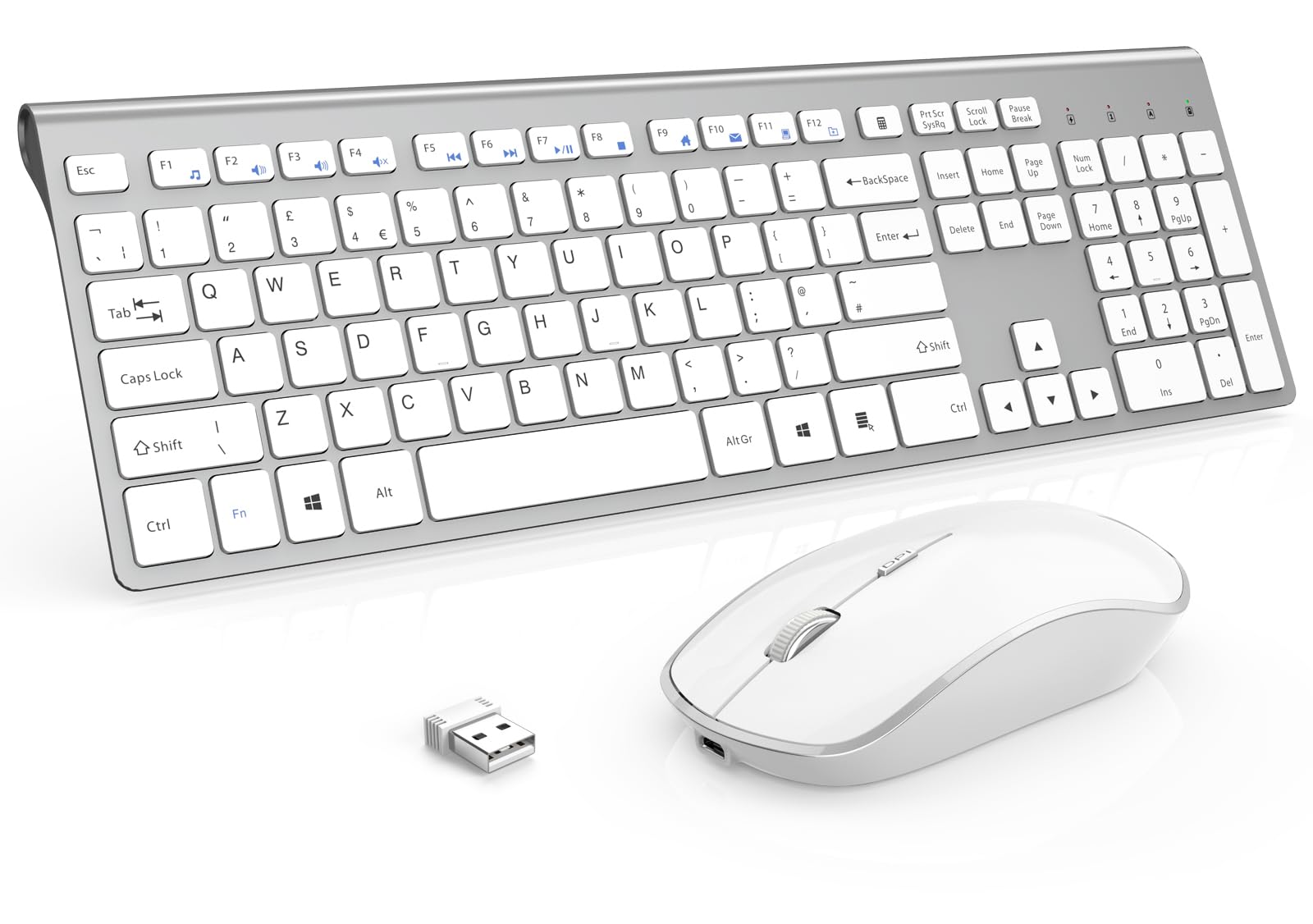 Rechargeable Wireless Keyboard Mouse Combo-J JOYACCESS 2.4G Full Size Slim Wireless Keyboard Mouse with Silent and Ergonomic Design for Mac,iMac,PC,Laptop,Tablet,Computer Windows- White+Silver
