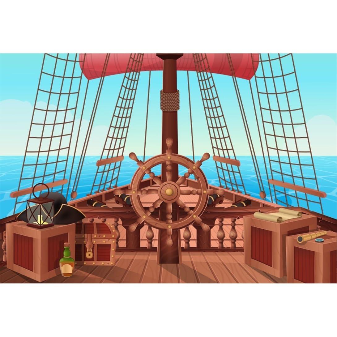 AOFOTO 10x10ft Vintage Pirate Ship Backdrop Wooden Sail Ship Deck Corsair Photography Background Sunset Sea Rover Sailing Halloween Nautical Themed Birthday Party Decoration Adults Photo Booth Props