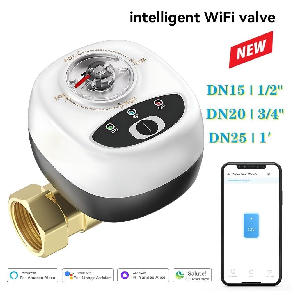 Válvula de agua WiFi inteligente de apagado automático, aplicación de control remoto, 3 modos de temporización, alarma de fugas de agua y gas, para Alexa (DN20)