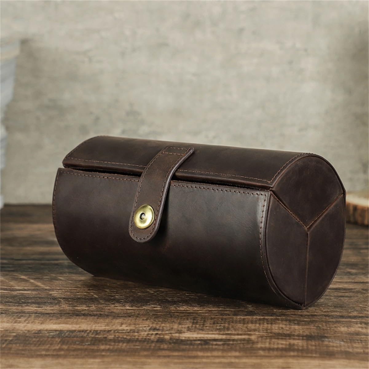 Étui à Lunettes Vintage en Cuir 3 emplacements, cylindrique, Fermeture Pression, Doublure Velours, Rangement Portable Homme Femme