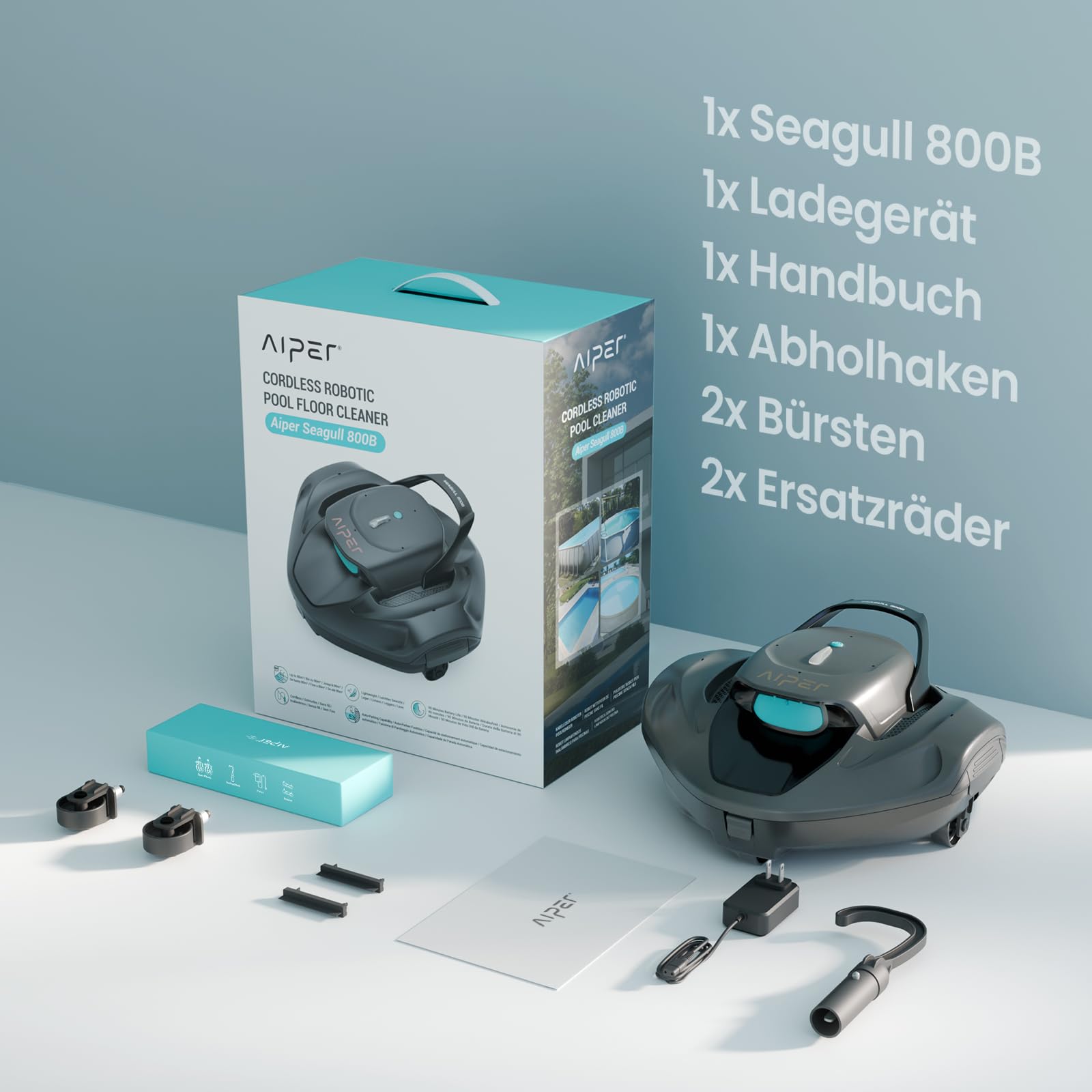 AIPER Seagull 800B Kabelloser Poolroboter, Selbstparkende Technologie, 90 Min Akkulaufzeit, Starke Saugkraft, LED-Anzeige, Ideal für Aufstellpools bis zu 80 m²