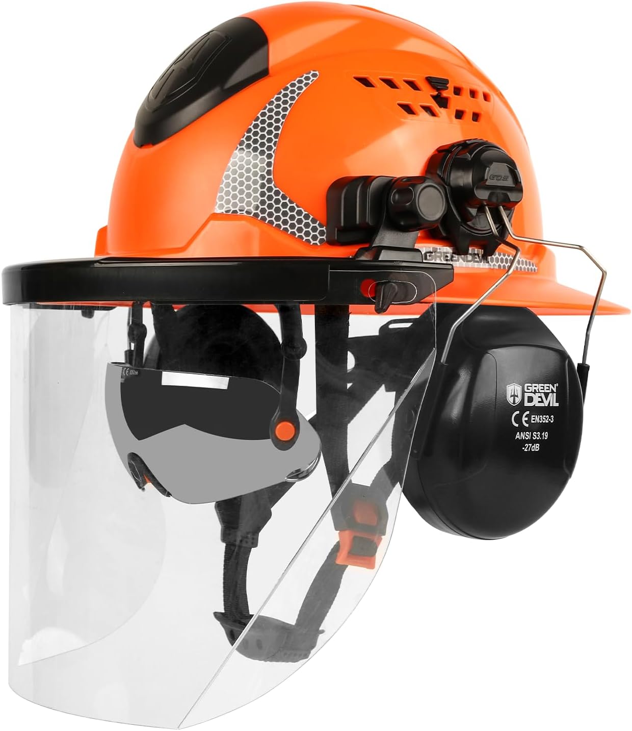 GREEN DEVIL Industrial Chainsaw Helmet with Face Shield Built in Visor and Ear Muffs 4 in 1 System ANSI Z89.1 Safety Hard Hat Adjustable Headgear Ideal for Forestry and Arborist Work Full Brim Style