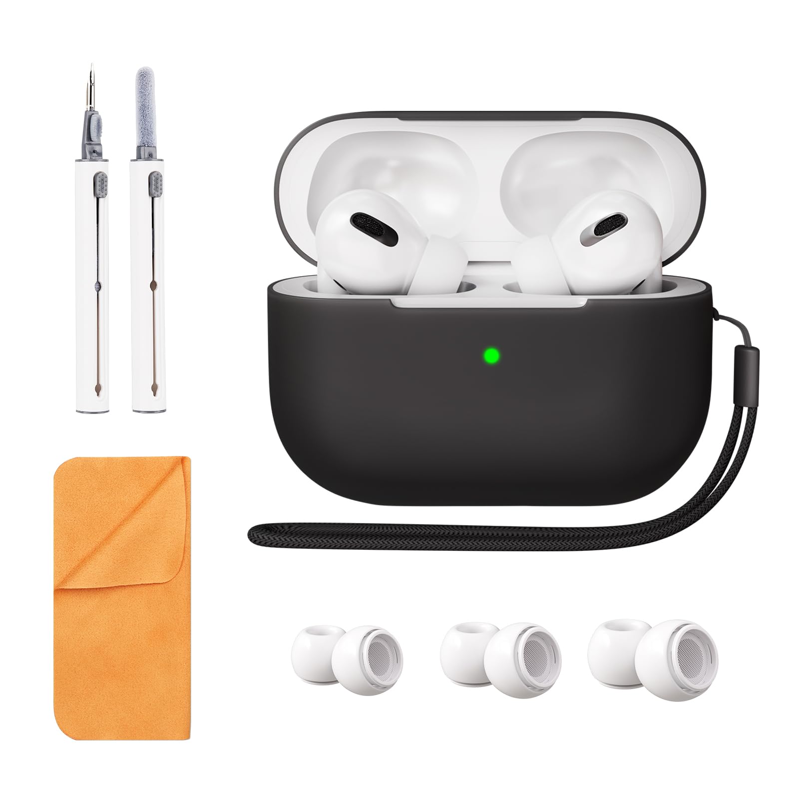 Airpods Pro 2nd Generation Case Cover, Full Protective Soft Silicone, with Cleaner kit and 3 Pairs Replacement Ear Tips, Front LED Visible