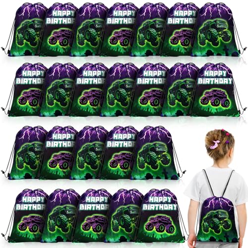 Yeyeplum 24 Pcs Monster Truck Party Favors Drawstring Bag for Birthday Gift