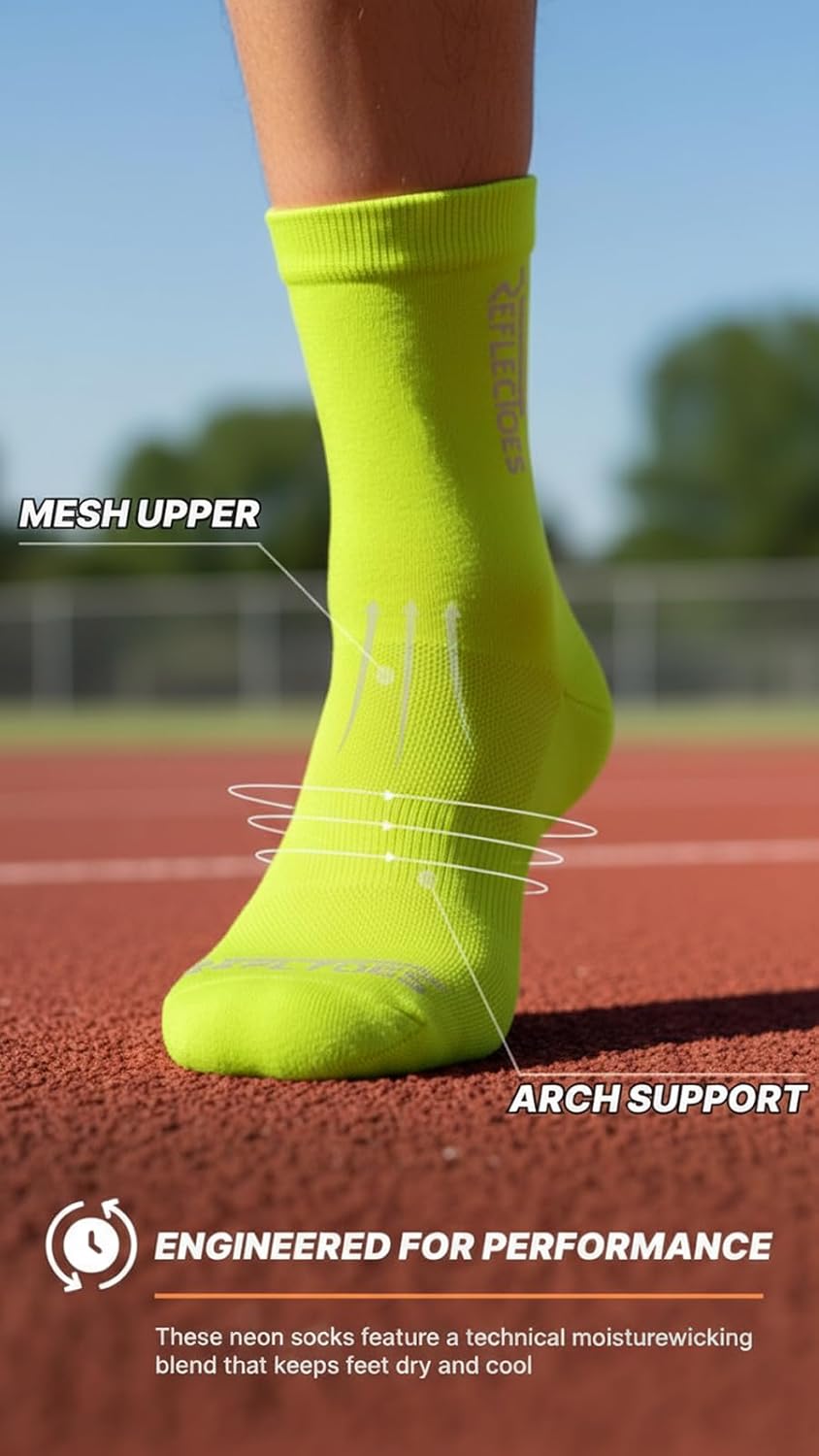 ReflecToes Fluorescent Running Socks (3 Pack) High Visibility Neon Safety Socks for Men & Women UV-Activated Day Glow