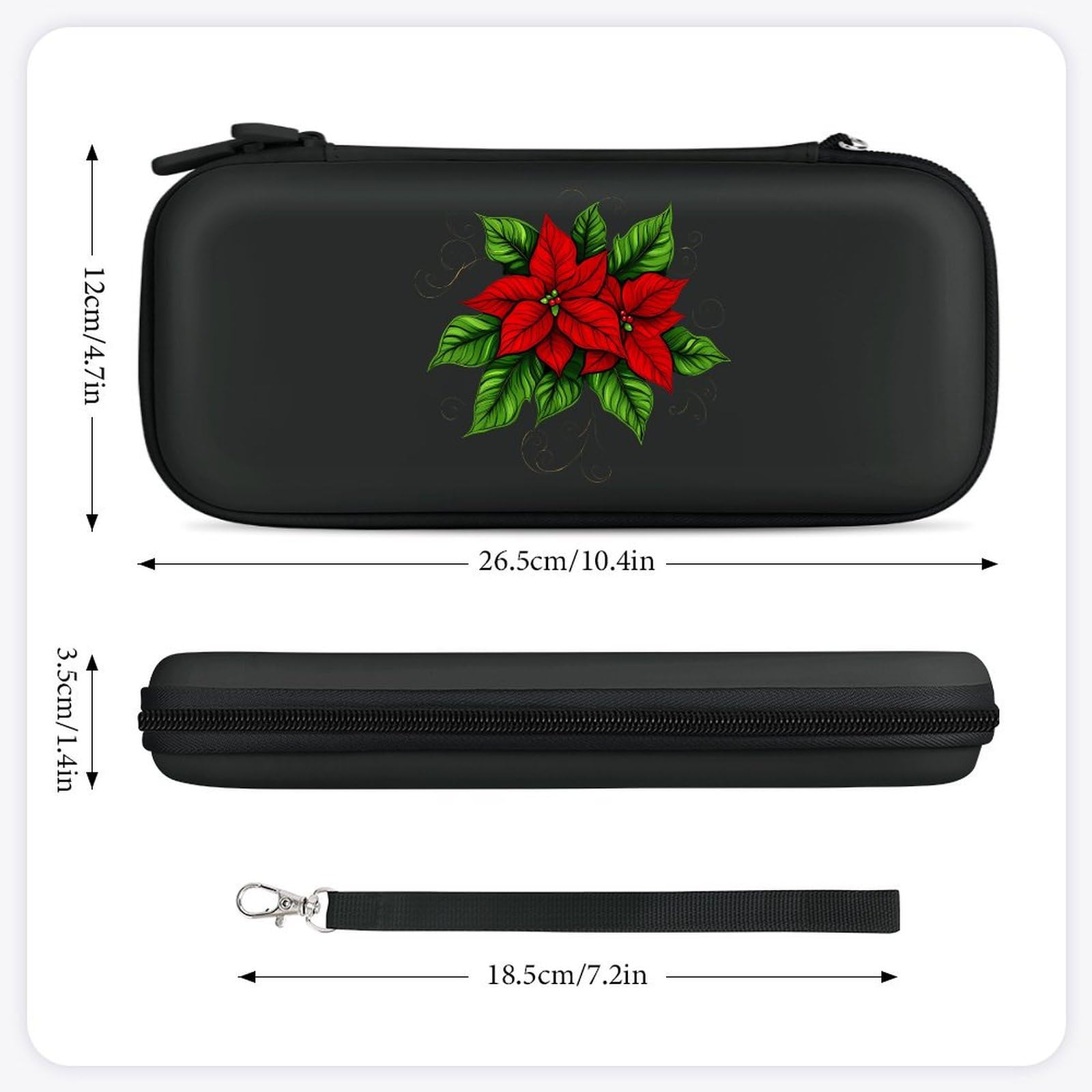 Poinsettias Christmas Flowers Compatible with Switch Carrying Case Hard Travel Game Bag Pouch with 15 Games Accessories Black-style