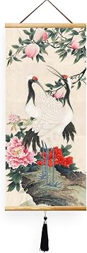 EAPEY 32x14in Asian Scroll Wall Art, Vintage Floral Canvas Prints Paintings, Ready to Hang Home Decor
