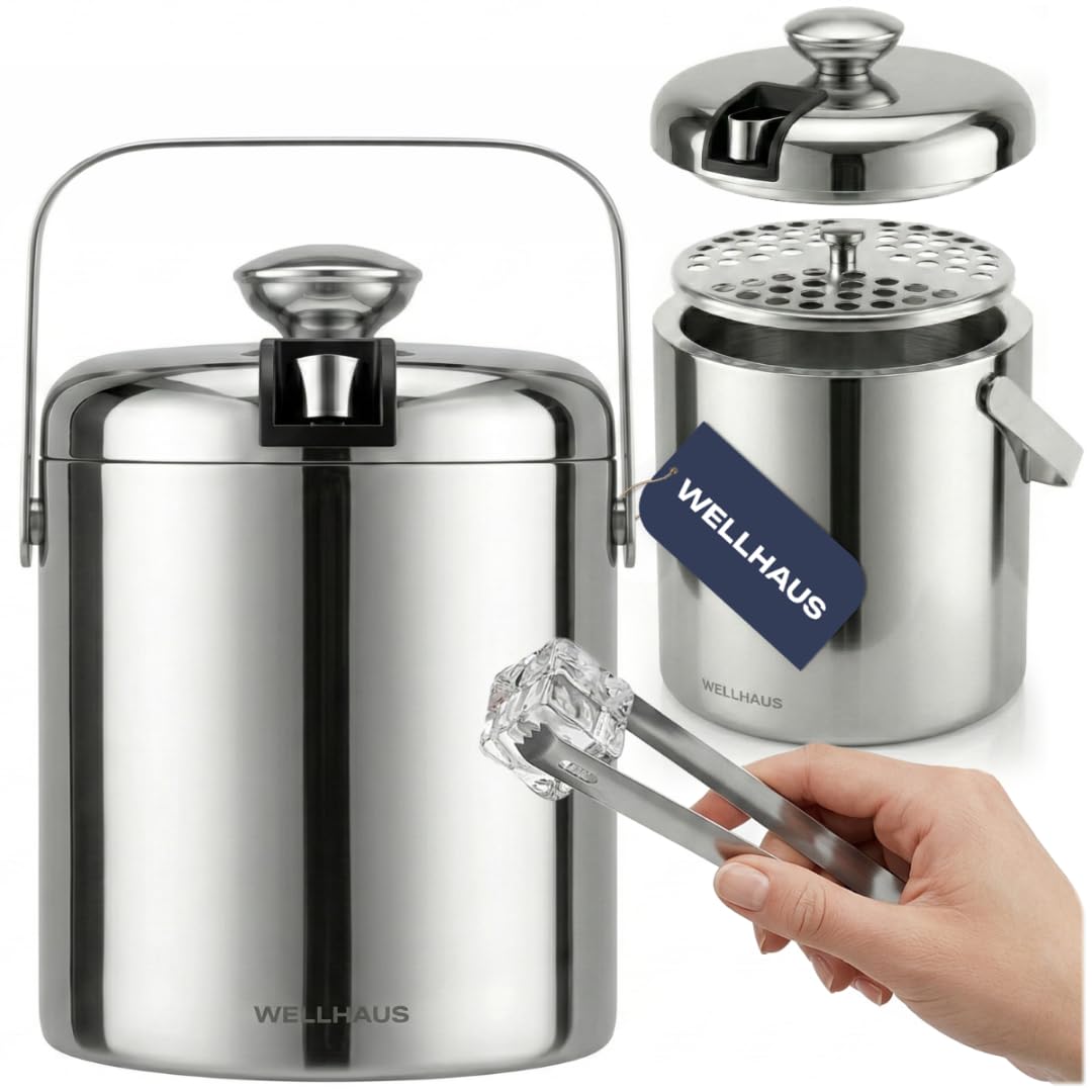 Eiswürfelbehälter mit Deckel – Eisbehälter für Eiswürfel Edelstahl 1,3L, Eiskübel Doppelwandiger & Isolierter aus Eiswürfelzange, Kompakt und Platzsparend Ideal für Kleine Küchen (Silber)