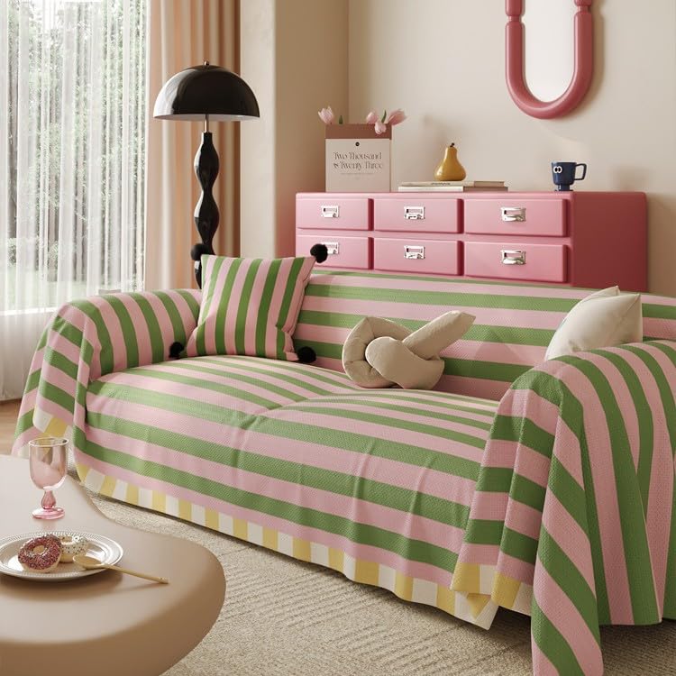 Surwin Throws for Sofas Large, Sofa Cover 3 Seater, Multicolour Slipcovers for L Shape, All-Season Universal Corner Couch Covers, for Chair Settees Bed Armchair (Pink Green,180x260cm)