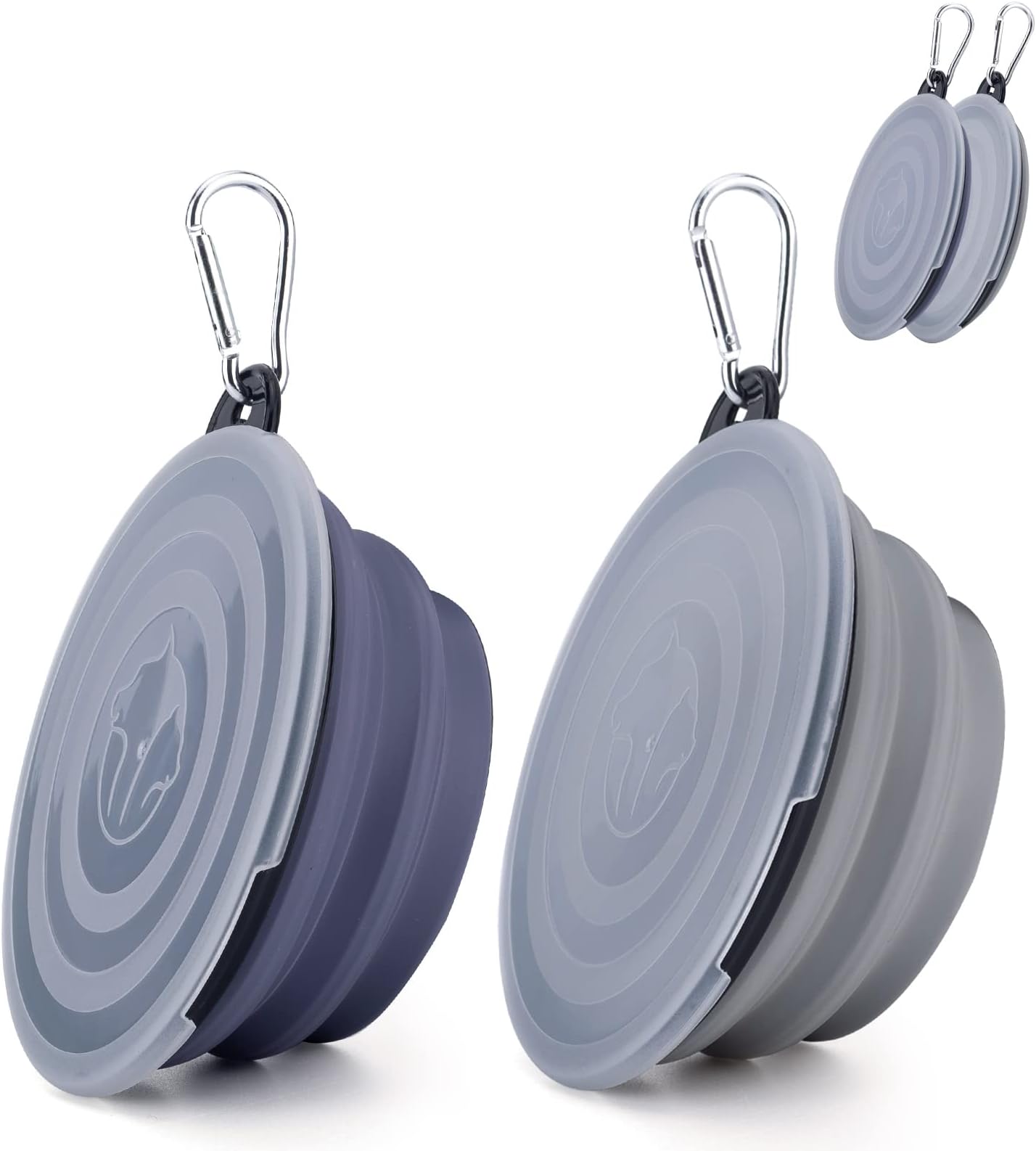 SLSON Dog Bowls Pet Collapsible Bowl with Cover Lids,2 Pack Dog Travel Bowls Portable Foldable Cat Water Dish Bowl for Pets Walking Parking Camping (Taro Purple and Concrete Gray, Small)