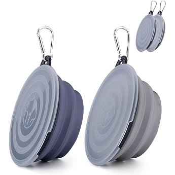 Pack of 2 Foldable Travel Bowls Pet Dog Bowl with Lid and Hook Portable Silicone Drinking Bowl for Cats Dogs Travel Hikes and Camping Cool Grey and Purple Small
