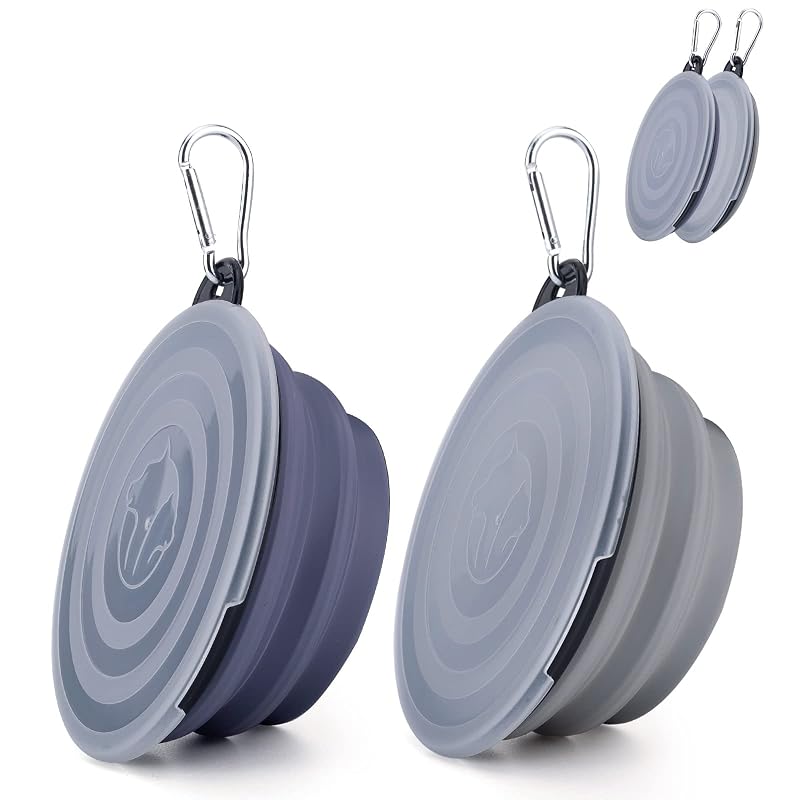 Tigelas Dobráveis para Viagem com Tampa e Clipe SLSON para Cães e Gatos, 2 Unidades, Tamanho Pequeno, Taro Purple e Concrete Gray