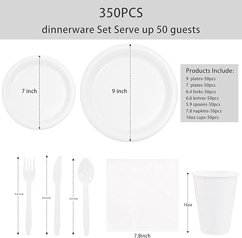 Miniatura 7 de MirthMood - 350 platos desechables blancos, platos desechables redondos de color sólido para fiestas, incluyendo 50 platos llanos, 50 platos de