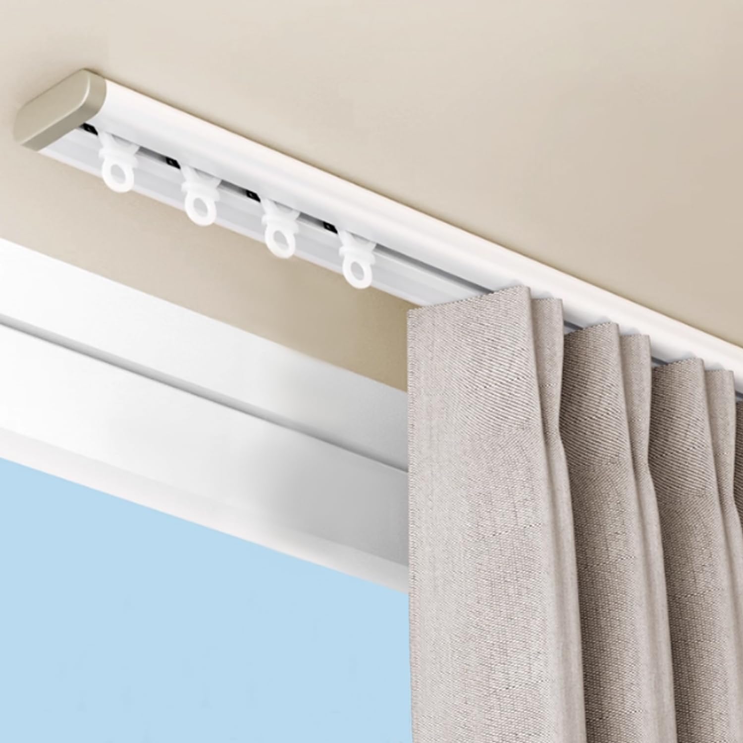 Silent Curtain Track Ceiling Mount, Aluminum Ultra-Thin Ceiling Curtains Tracks System, Low Profile Drape Rail for Inward Opening Window Self Adhesive Slide Curtains Rail Set (3.3FT (1m))
