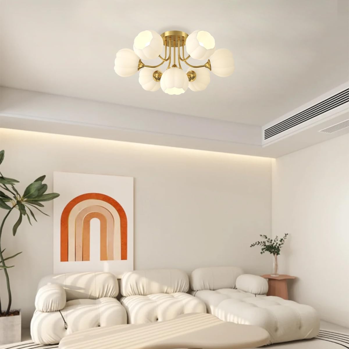 White Semi Flush Ceiling Light Gold Semi Flush Mount Ceiling Light Fixture 7-Lights with Flower Glass Shade Sputnik Glass Ceiling Lights fixtures for Bedroom Living Dining Room
