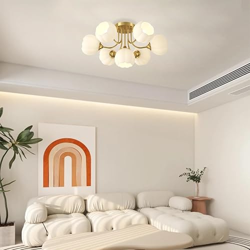 Miniatura 6 de Qufute Lámpara de techo moderna de 7 luces doradas semiempotradas, luces de techo Sputnik, pantalla de cristal blanco, luces de mediados de siglo,