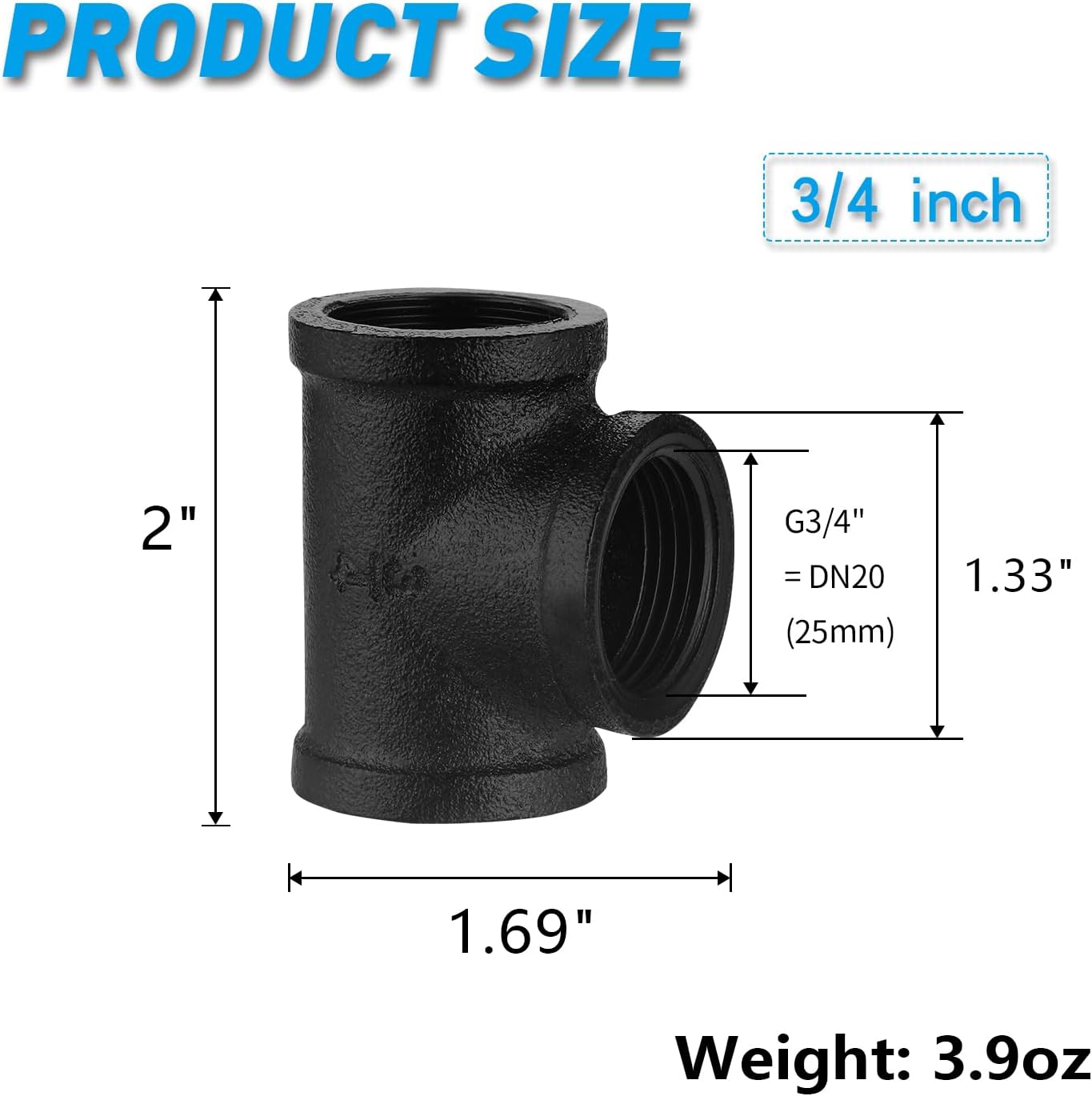 3/4" Black Pipe Tee, 30 Pack DN20 Threaded Cast Malleable Iron Pipe Fitting Tee for Steampunk Vintage Shelf Bracket DIY Plumbing Pipe Decor Furniture (30, Black, 3/4")