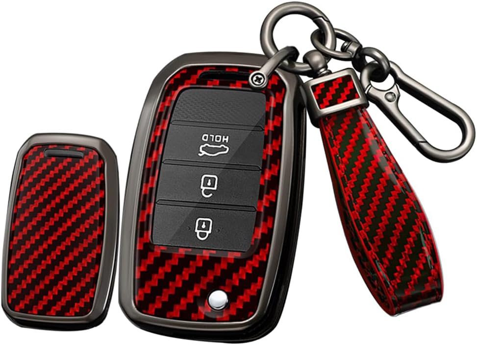 SANRILY Carbon Fiber Pattern 3-4 Button Key Fob Cover Case Fit for Kia Seltos Carens 2022 Sonet Optima Soul Sorento Sportage Forte Rio Sedona Keyless with Keychain White