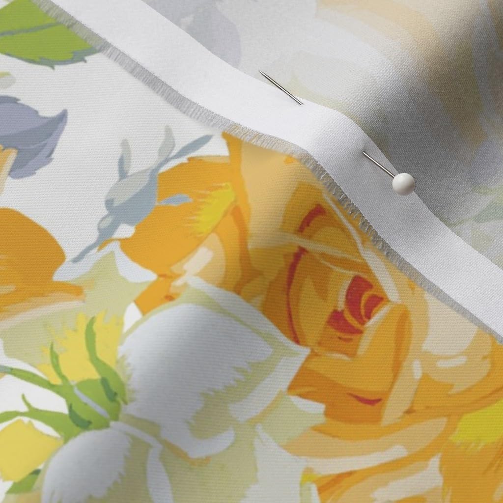 Spoonflower Fabric - White Floral Flowers Yellow Roses Garden Bee Printed on Organic Cotton Sateen Fabric by The Yard - Sewing Quilting Apparel Home Decor