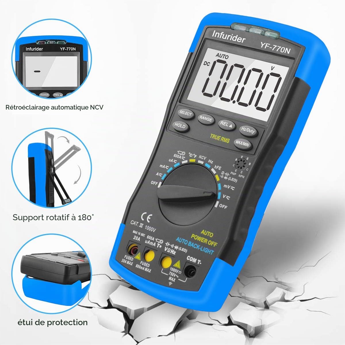 Multimètre Numérique 6000 Comptes INFURIDER YF-770N Testeur de Tension à Plage Automatique AC DC Amp Volt Ohm Mètre pour Capacité, Continuité et Diode, Multi-testeur avec Protection Mécanique
