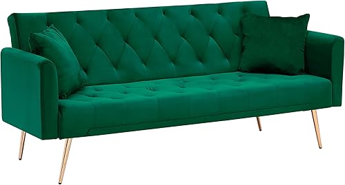 Miniatura 8 de ERYE Sofá cama copetudo, moderno futón convertible y sofá cama, sofá biplaza tapizado de terciopelo suave, práctico sofá cama para siesta en casa,