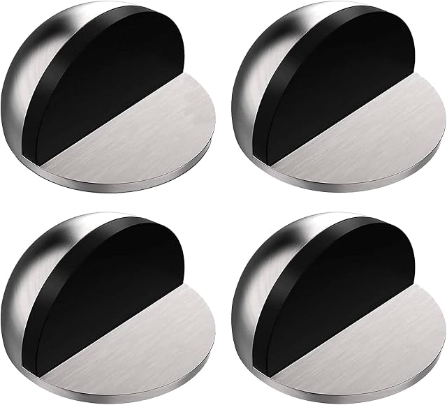 T'PUPU 4 Pack Stainless Steel Floor Door Stop,3M Self Adhesive Oval Floor Mounted Door Stopper, Half Moon Door Stopper for Floor Door,No Need to Drill(Silver)