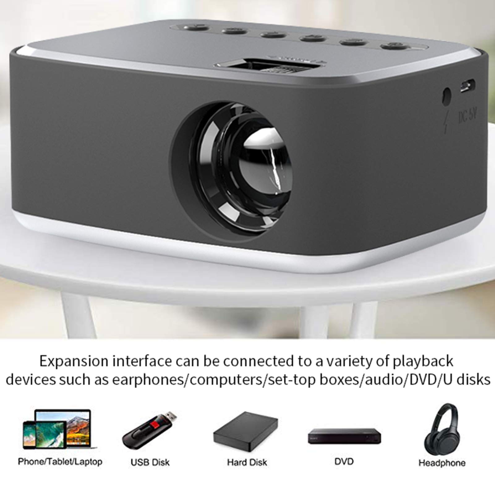 Videoproiettore 1920x1080p Portatile, Mini Proiettore Home Theater HD con Luce LED per Smartphone/PC/TVBox/Laptop / (Spina europea 100‑240 V)