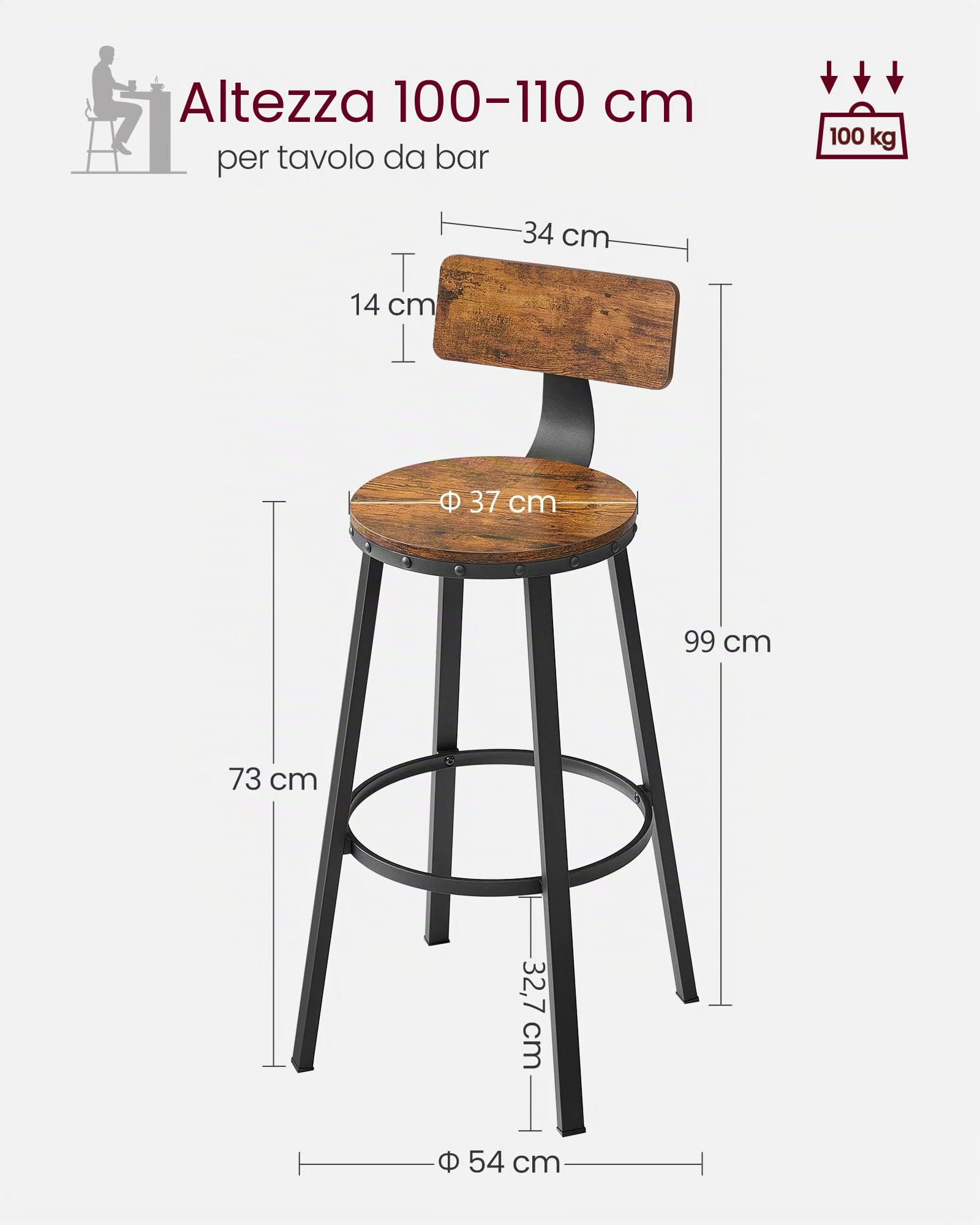 VASAGLE Set di 2 Sgabelli da Bar, Sedie da Cucina, con Schienale, Struttura in Acciaio, Altezza di Seduta di 73 cm, Montaggio Facile, Stile Industriale, Marrone Vintage e Nero LBC026B01V1