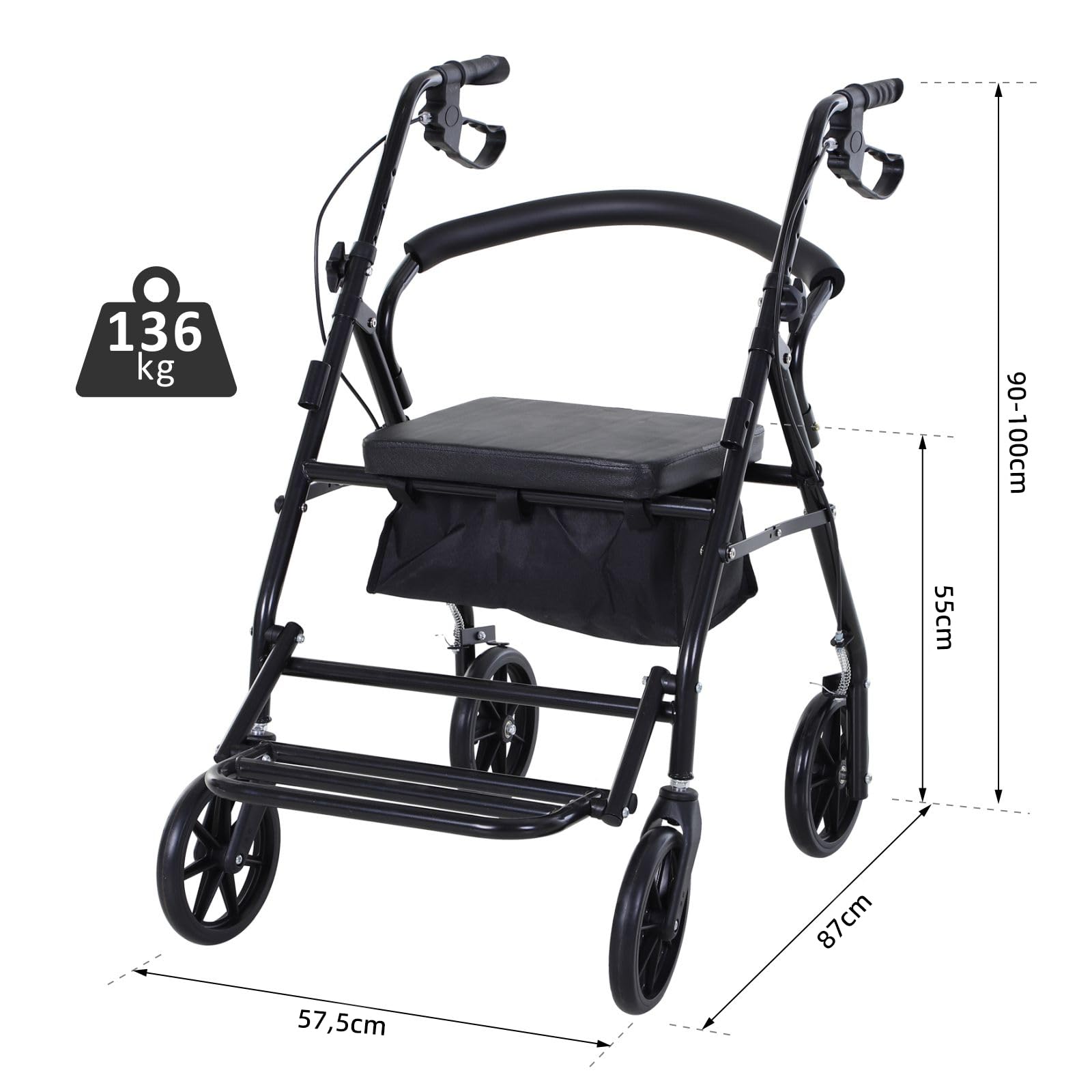 HOMCOM chodzik na 4 koła, lekki składany chodzik - siedzisko + wyściełane oparcie - ergonomiczne uchwyty, hamulce ręczne - kosz do przechowywania - podnóżek - metal czarny