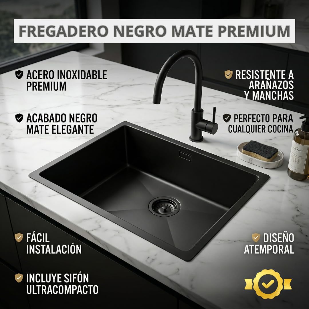 AZERODESIGN-Fregadero-Fregadero cocina-Fregadero cocina 1 seno-Fregaderos modernos para cocina-Fregadero sobre encimera-Fregadero bajo encimera-Fregaderos modernos (NEGRO MATE, 440 X 440 MM)