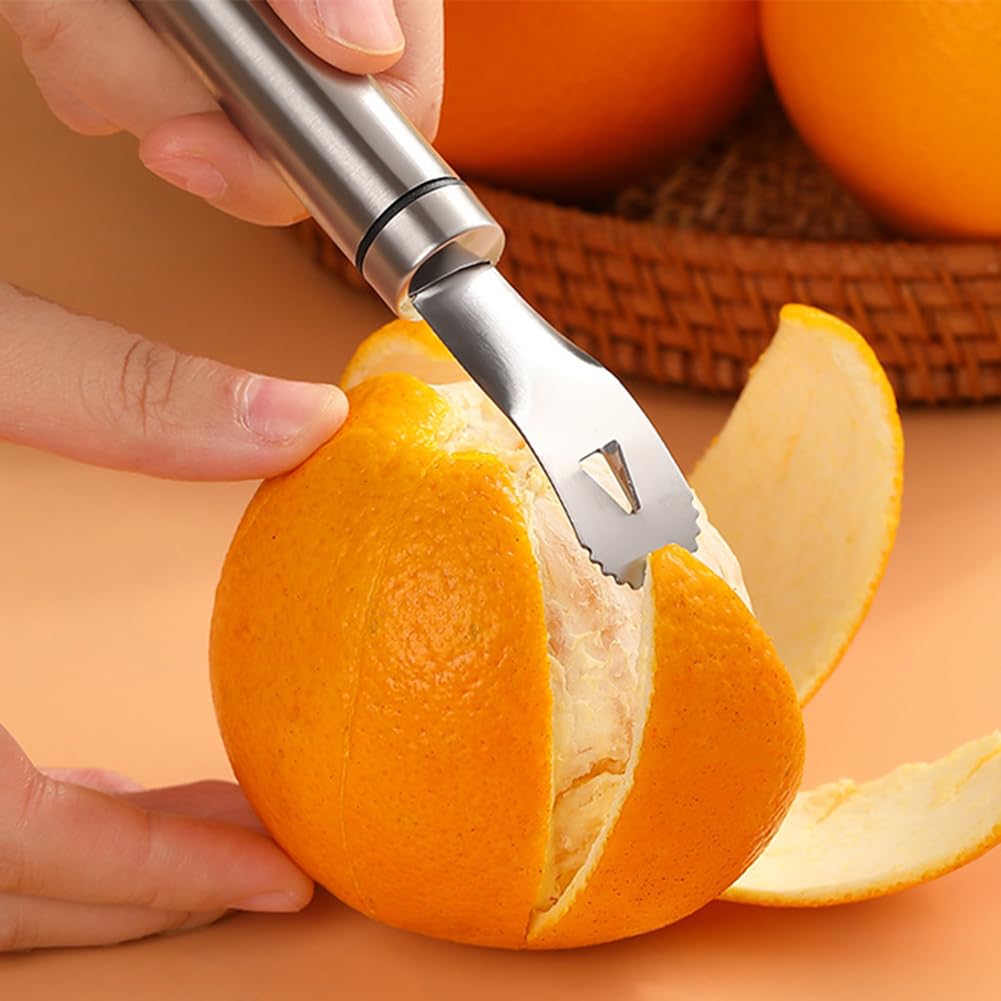 Confezione da 2 pelapatate in acciaio inox, manico lungo, comodo tagliapela, lama triangolare e paletta a zigzag, gadget per sbucciare arancia, limone, verdura, frutta, utensili da cucina