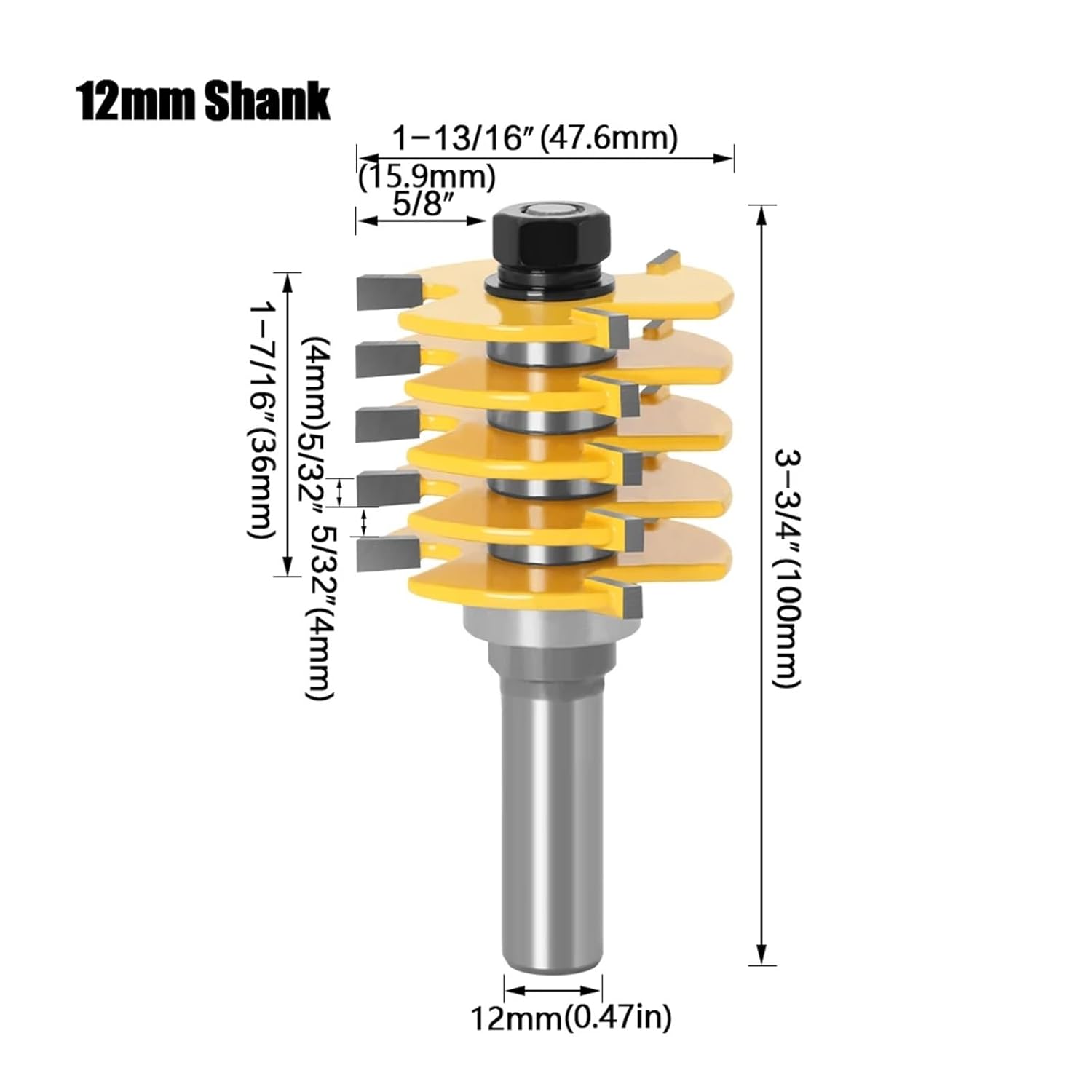 1-Piece Milling Cutter with Box Joint, Adjustable, 5 Blades, 3 Cutting Edges, 812 mm, 1/2 Inch Shank for Wood Cutters, Tenon Milling Cutter for Woodworking Tools (12 mm Shank)