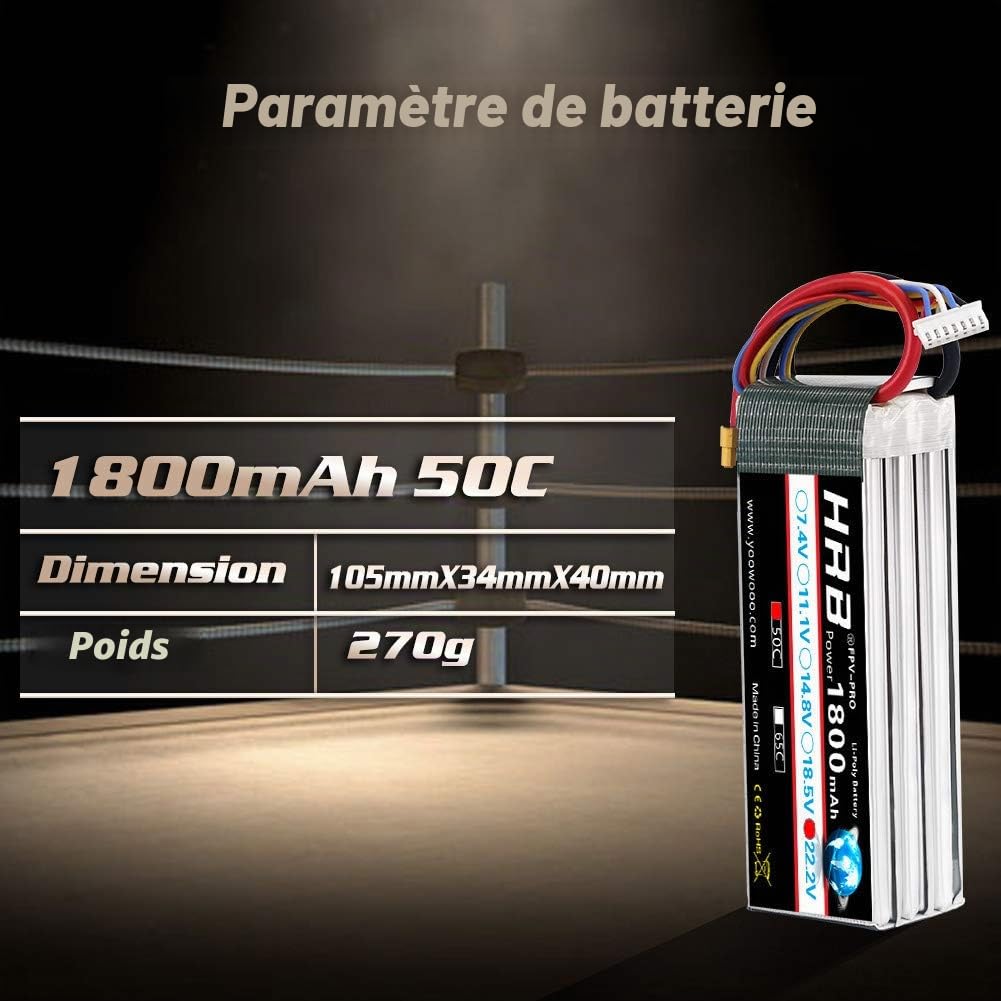 HRB 2pcs Batterie LiPo 1800mAh 6S 22.2V 50C avec XT60 au connecteur Deans T pour SAB380 Align 470 ALZRC Devil 380 480 Hélicoptère Avion Voitures Camion Buggy Truggy Drones Multicopter