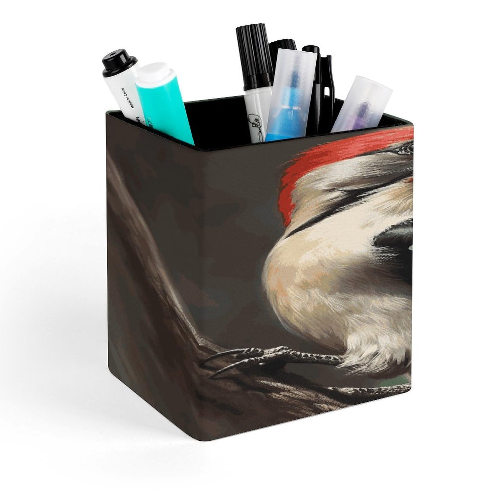 LZQPOEAS Woodpecker Square Pen Pencil Holder PU Leather Pencil Cup Desktop Stationery Organizer Office Accessories Container