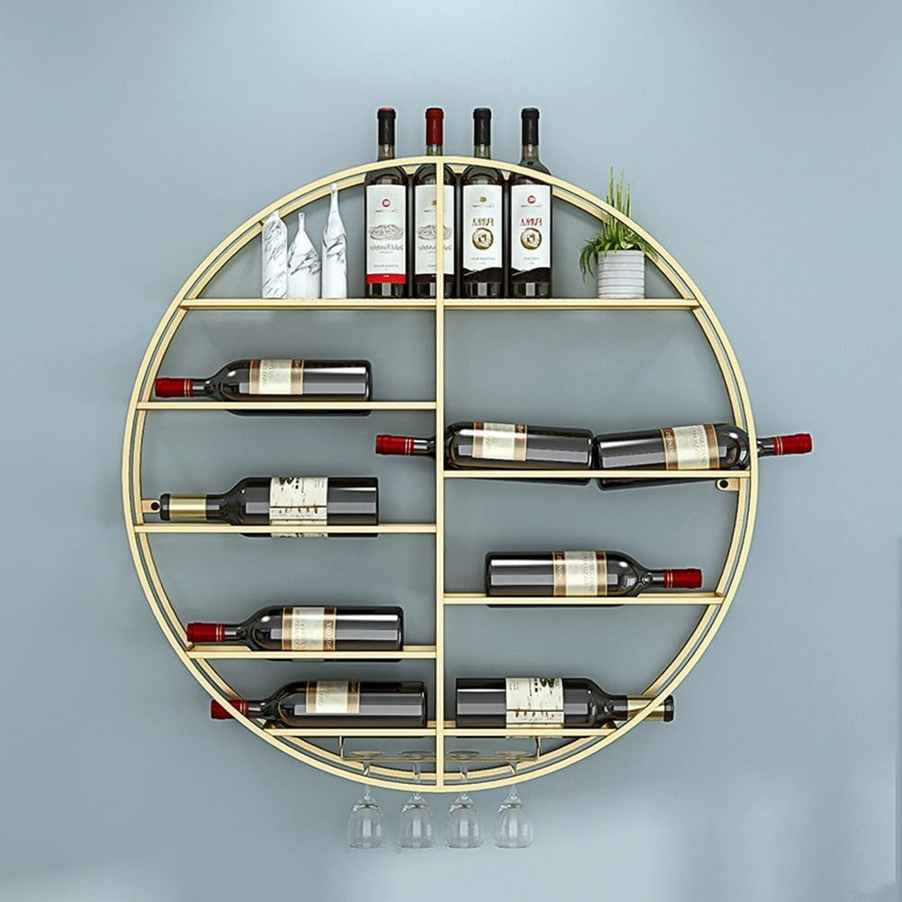 Industrial Black Wall Mounted Wine Rack 3 Tier Floating Shelves for Home Bar Kitchen & Dining Room Gold Accents Bottle Display Glass Holder 27.5"x4.3"x27.5"