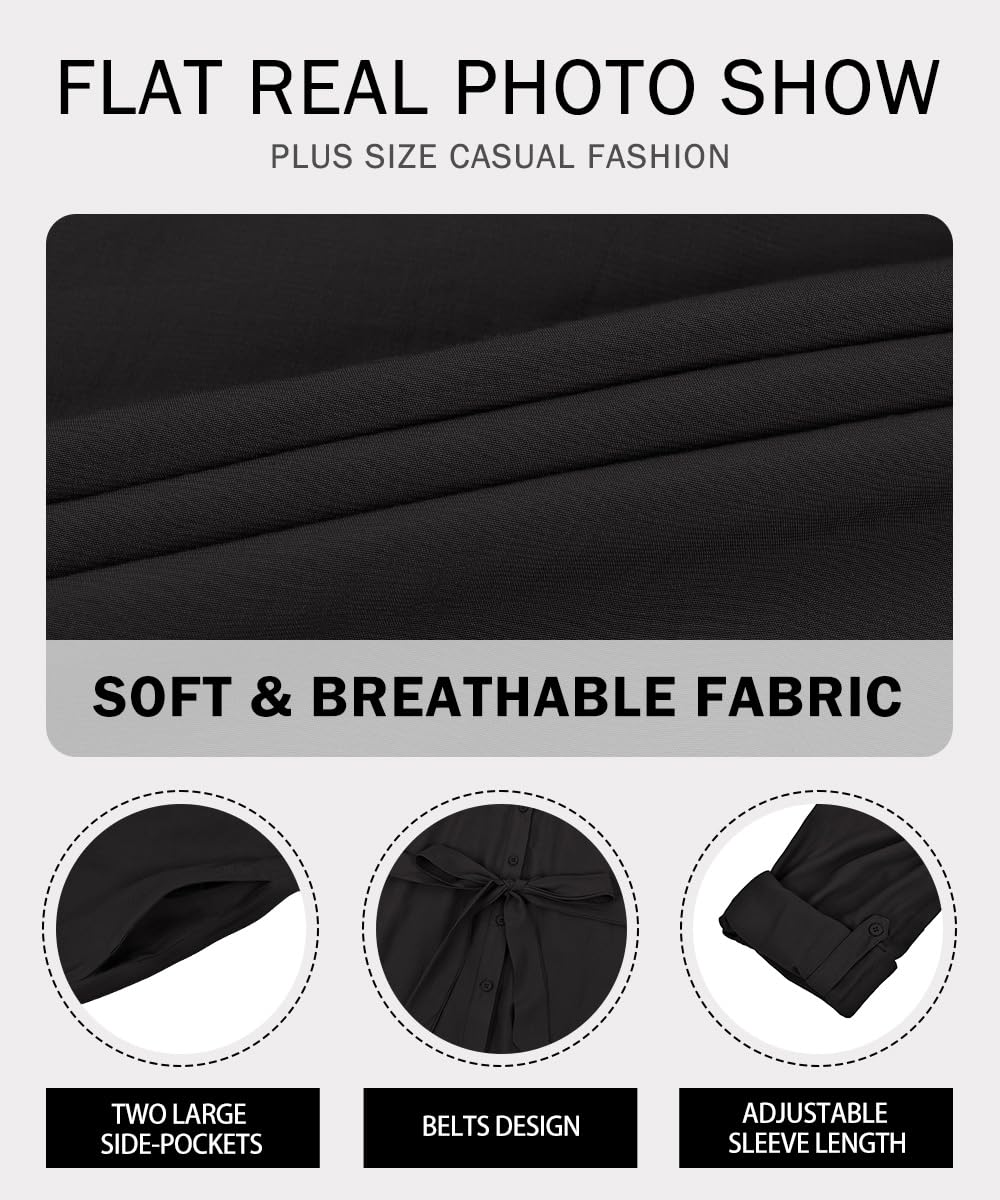 RITERA Übergröße Kleider für kurvige Frauen, langärmelig, Midi, lässig, Hemdkleid, V-Ausschnitt, Knopfleiste, Arbeitskleid mit Tasche, Größe XL-5XL
