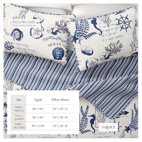 Image of Great Bay Home 3 Piece Quilt Set with Shams. Soft All-Season Microfiber Bedspread Featuring Attractive Seascape Images. Machine Washable. Catalina Collection (Full /Queen, Navy)