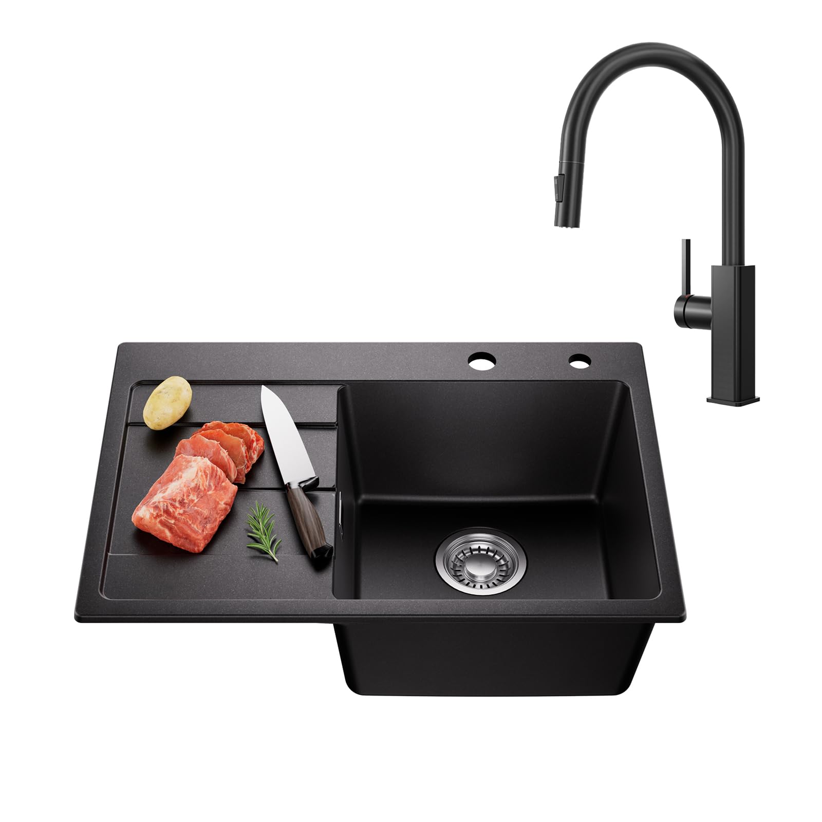 CECIPA Fregadero de cocina negro 65 x 45 cm con grifo extensible, fregadero de granito a partir de 40 cm de ancho, fregadero con sifón y rebosadero, fregadero con escurridor | CECIPA Fregadero de cocina negro con grifo extensible, fregadero de granito a p