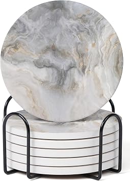 Set of 6 Abstract Gray White Marble Coasters with Holder, Absorbent Ceramic Coasters for Drinks, Coasters with Cork Backing for Table Protection, Housewarming Gifts for New Home