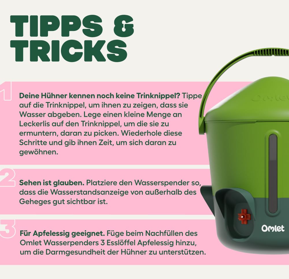 Omlet Isolierter Wasserspender für Hühner 5,5 Liter | Automatische Geflügeltränke für Hühner | Sauberes Trinkwasser | BPA-frei | Anti-Sitzkuppel | Schalen und Trinknippel inbegriffen | Salbeigrün