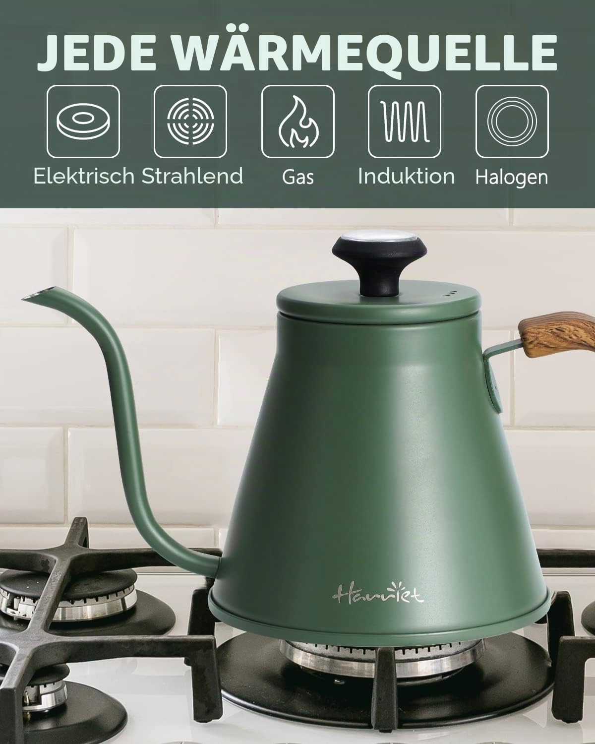 Harriet Schwanenhals-Wasserkocher, 1048.9 g Pour Over Wasserkocher für Herd, Kaffeekessel mit Thermometer, Edelstahlkessel mit 3-lagigem Boden, Anti-Heiß-Griff, für Tropfkaffee und Tee, Grün