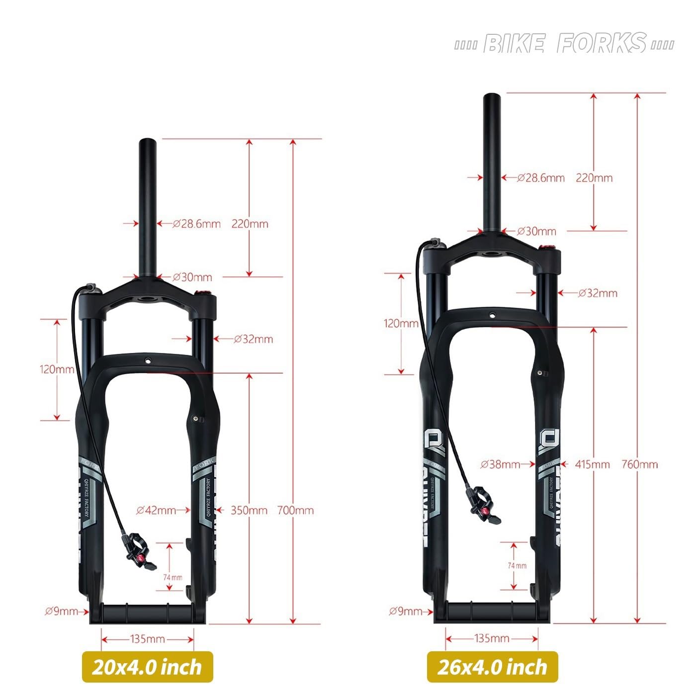 20/26 Pollici 4.0 Fat Bike Forcella Ammortizzata Air Corsa 120mm Bici Forcella Anteriore per E-Bike, Spazio Mozzo 135mm, QR 9mm, Tubo Diritto 28,6mm, Blocco Manuale/remoto Ultraleggera