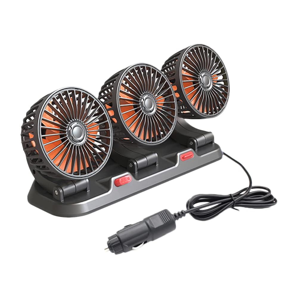 Riloer 24 V Ventilateur électrique de voiture, ventilateur de refroidissement portable à trois têtes, ventilateurs d'été rotatifs à 360 ° avec allume-cigare pour SUV, camions, camping-cars, remorques