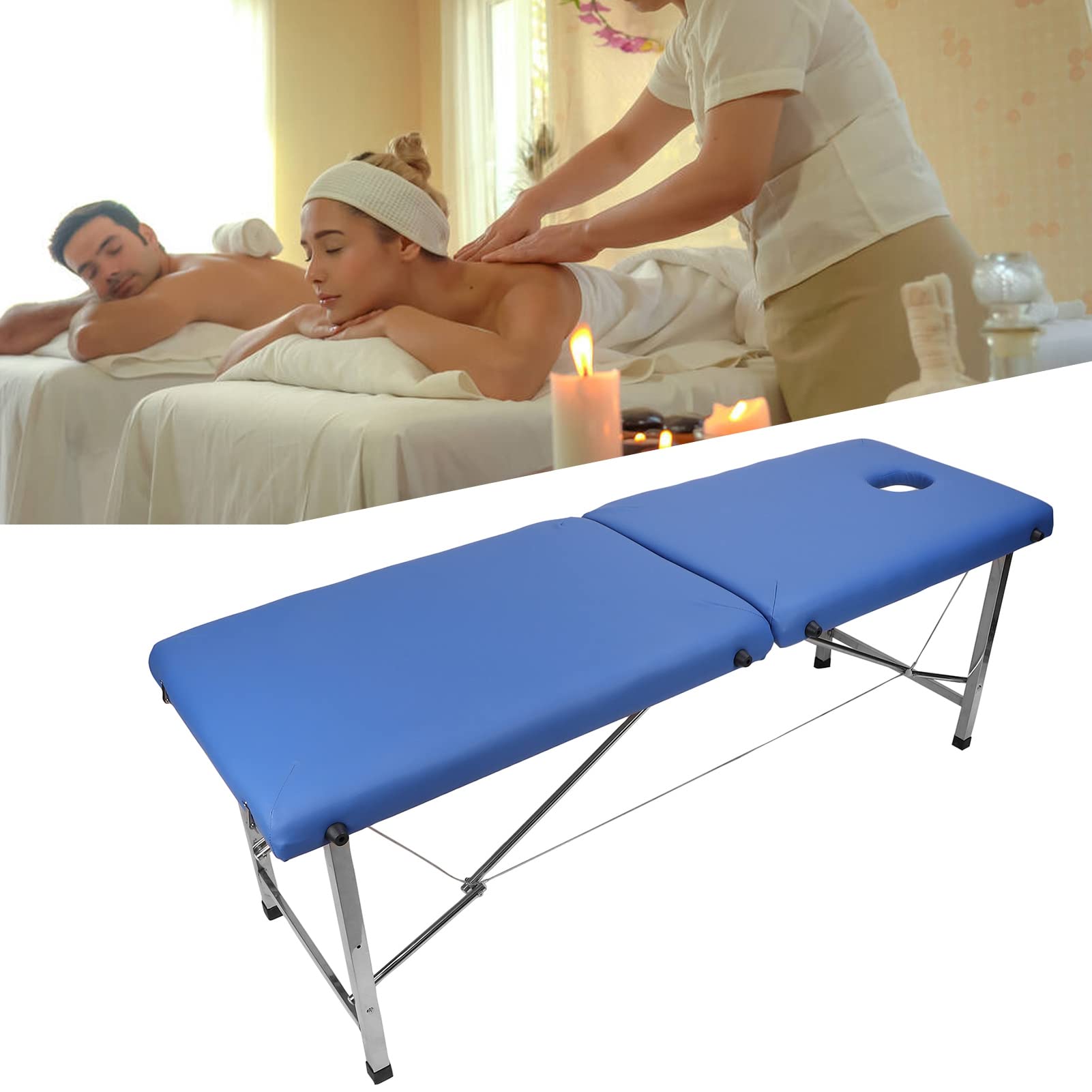 Fyearfly Lettino massaggio pieghevole Panca massaggio pieghevole portatile per il salone 'home office Soggiorno Blu 180x65x60 cm Pelle PU Acciaio inossidabile