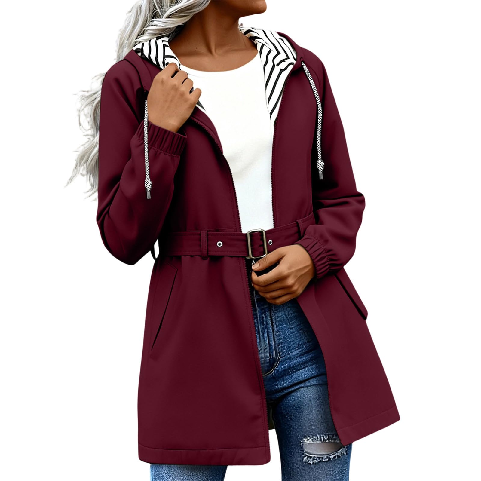 Générique Veste Imperméable Femme,Ciré Veste À Capuche Légère Coupe-Vent Respirant,Manteau De Pluie Mi-Saison Fermeture Éclair Chic Et Élégant,Blouson De Plein Air Randonnée Quotidien Voyages