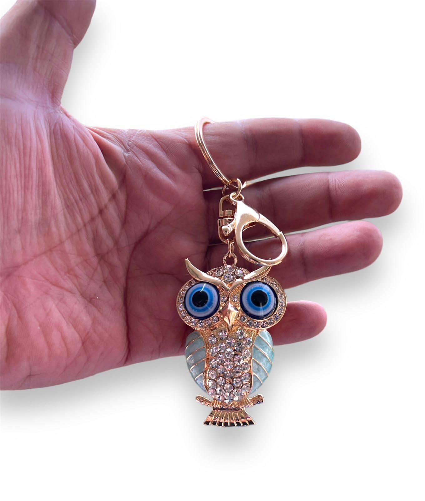 Gold with Evil Eye Crystal Rhinestone Sparkling Owl Keychain For Bike/Car Gifting Key Ring For Men Women and Handbag Charm