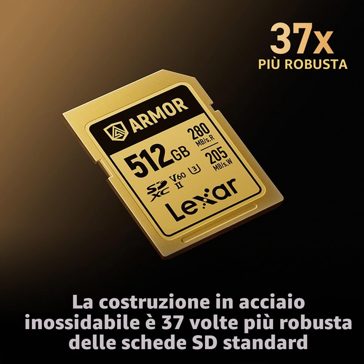 Lexar ARMOR GOLD 512GB SDXC, Scheda di Memoria Rugged in Acciaio, IP68 Impermeabile e Antipolvere, UHS-II ad Alta Velocità, Ideale per Foto e Video 4K/6K