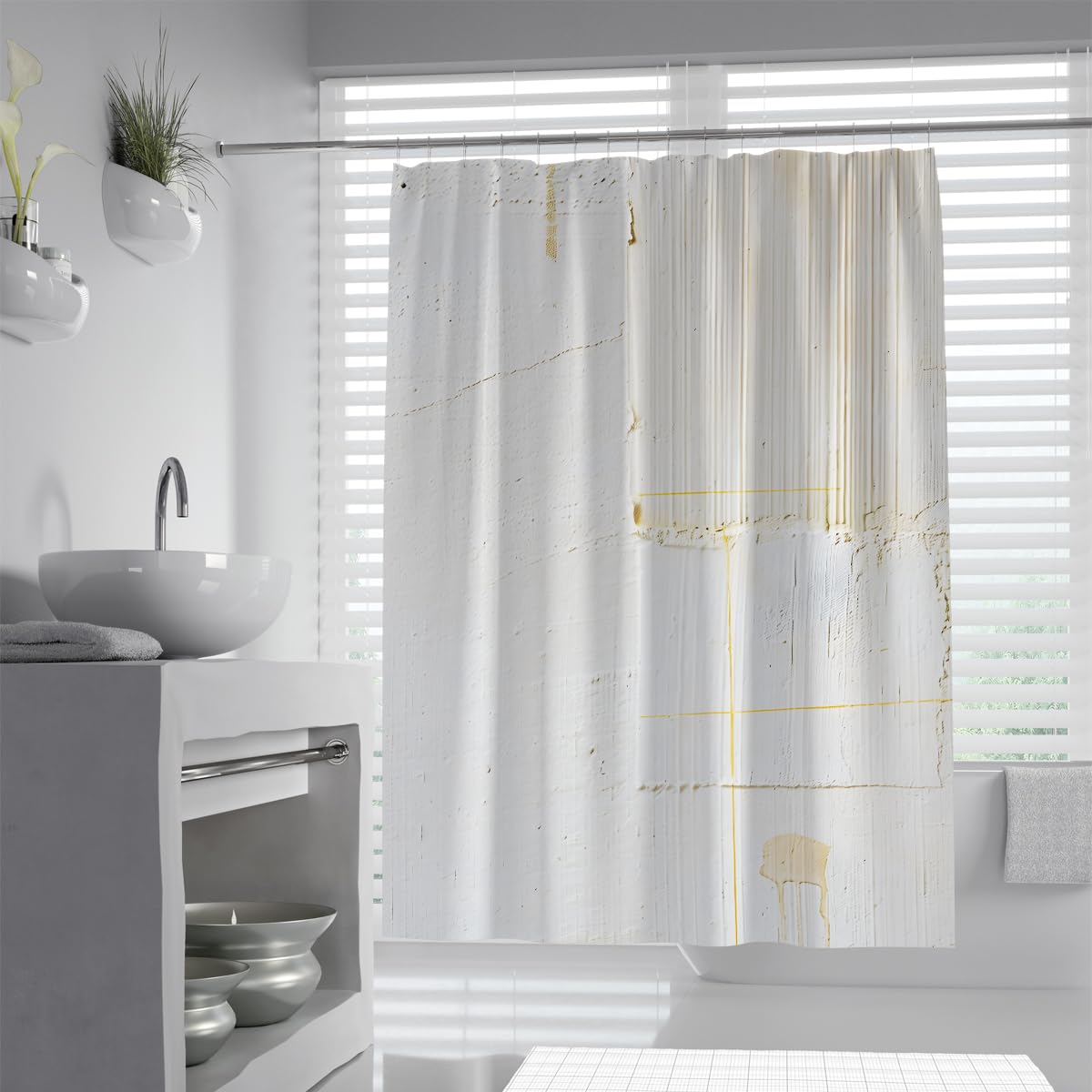 UIRINGART Modern Bathroom Screen W150xL200cm Minimalist Cream White Textured Design Abstract Yellow Lines Geometric Grid Pattern Mildew Mould Resistant Fabric Shower Curtain